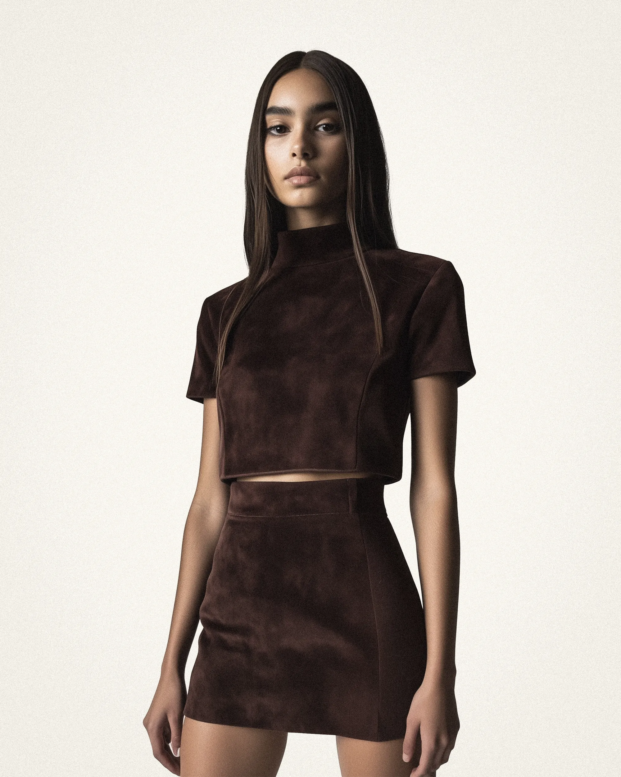 Grace Faux Suede Crop Top and Mini Skirt Set - Chocolate Brown sold by JW PEI