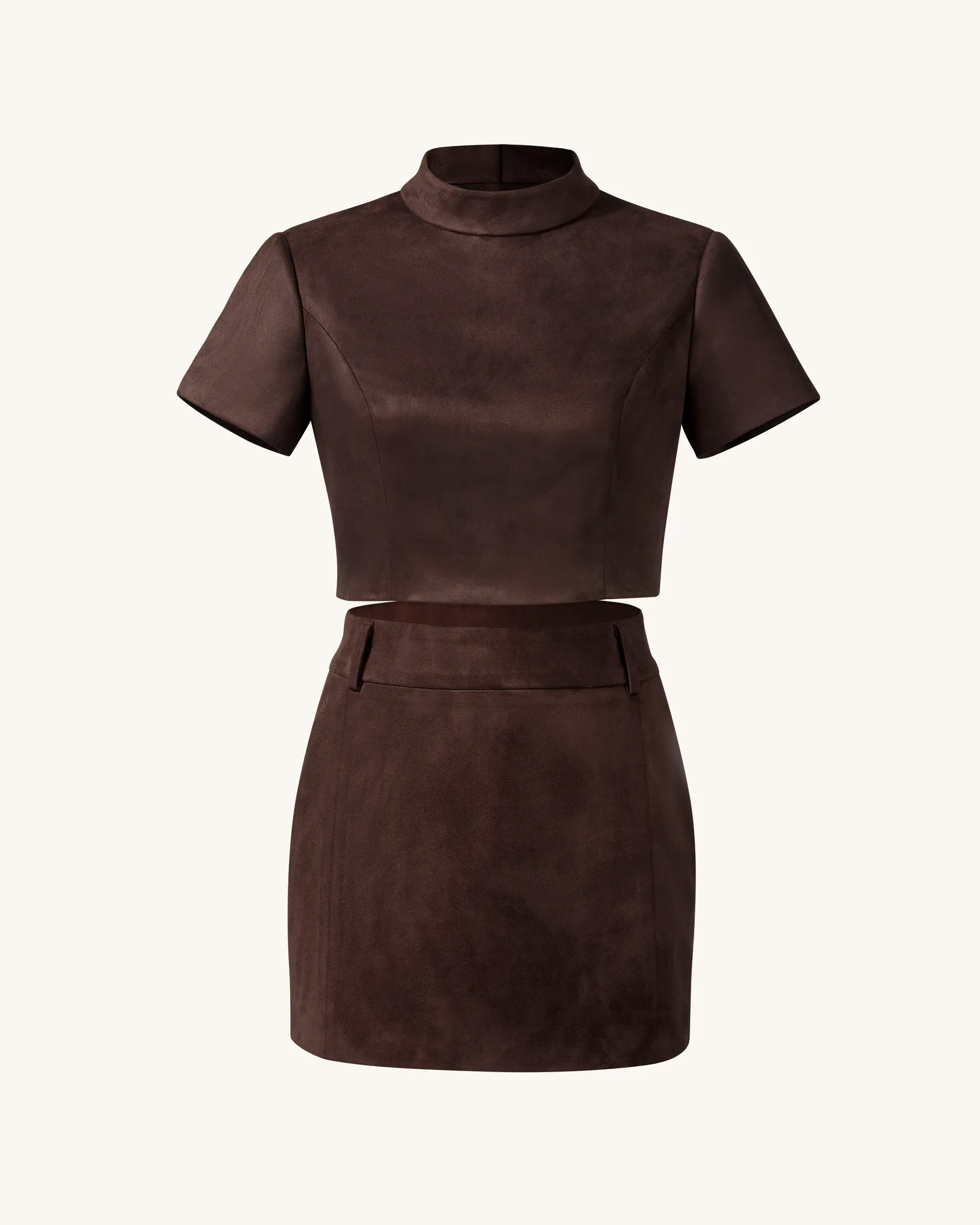 Grace Faux Suede Crop Top and Mini Skirt Set - Chocolate Brown sold by JW PEI product image thumbnail 2