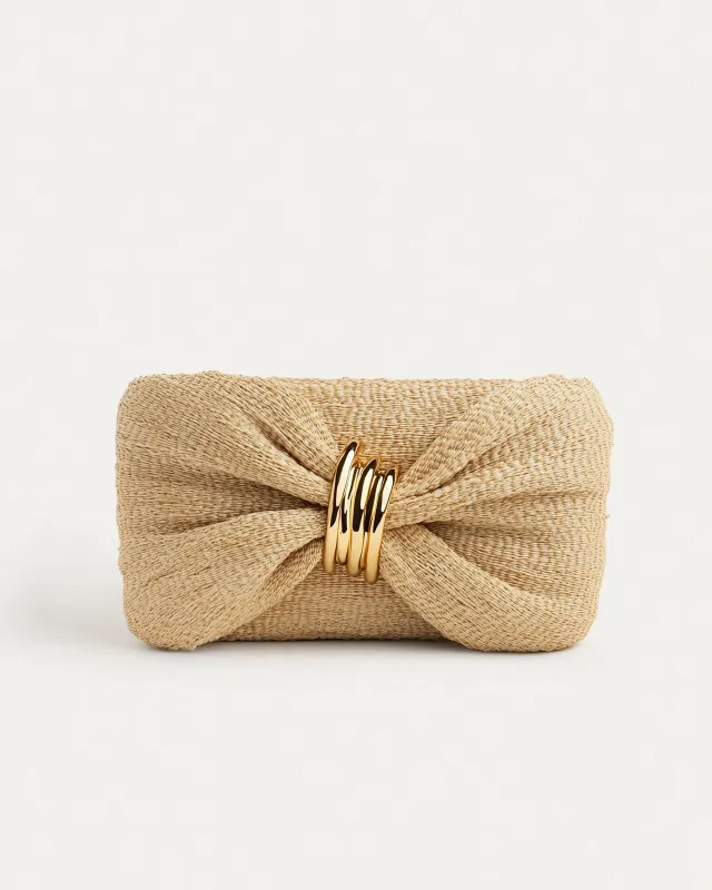 Madison Woven Clutch with Gold Ring - Beige sold by JW PEI