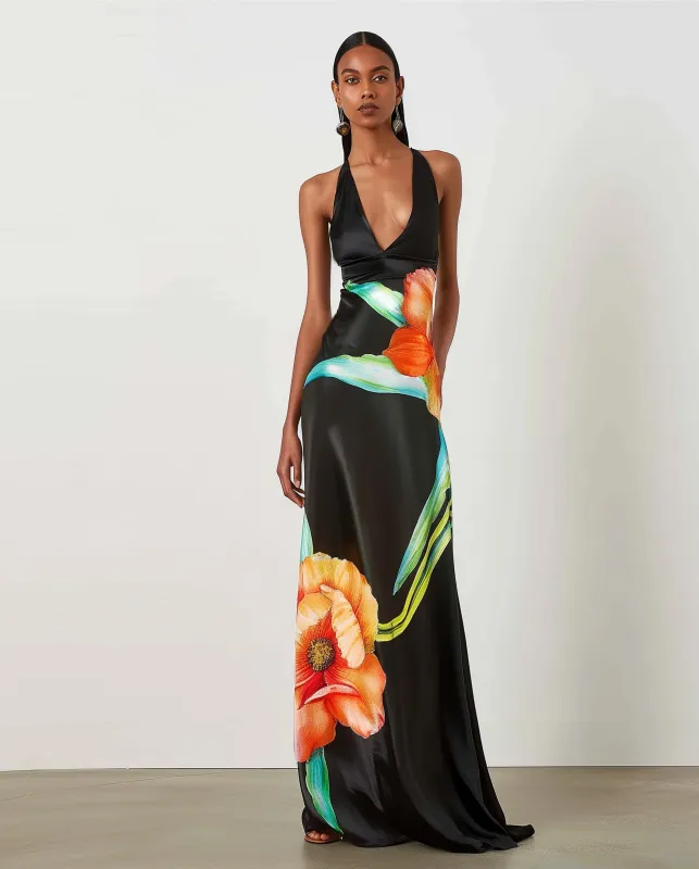 Floral Satin Maxi Dress - Multicolor Black sold by JW PEI