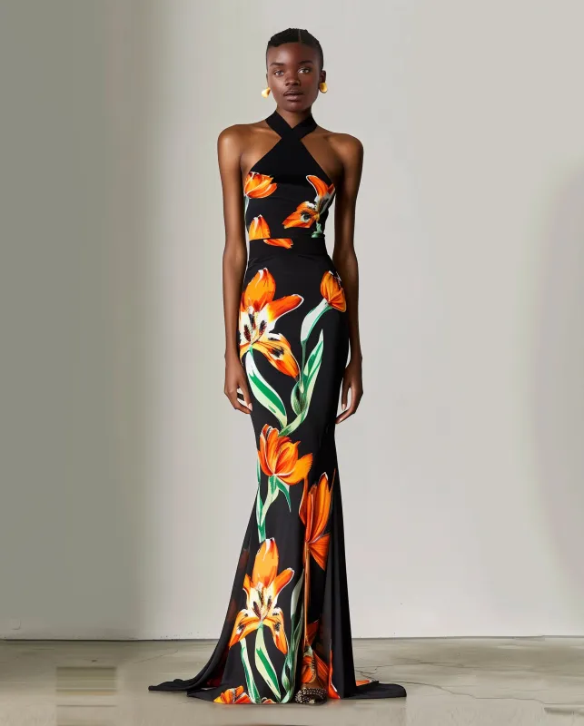 Floral Satin Halter Dress - Multicolor Black sold by JW PEI