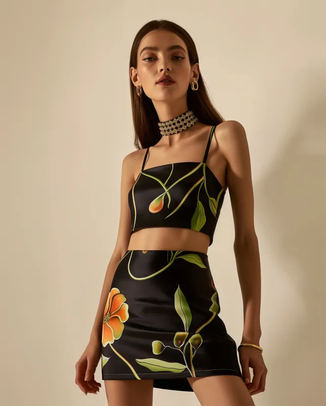 Floral Crop Top & Skirt Set - Multicolor Black sold by JW PEI