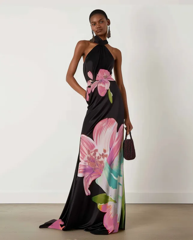 Floral Print Maxi Dress - Multicolor Black sold by JW PEI