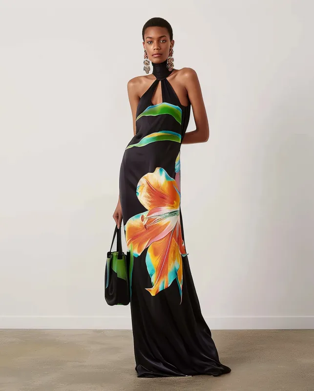 Floral Elegance Satin Gown - Multicolor Black sold by JW PEI