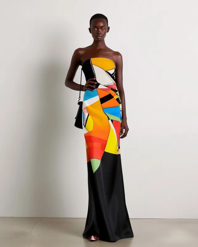 Abstract Geometric Satin Gown - Multicolor Black sold by JW PEI
