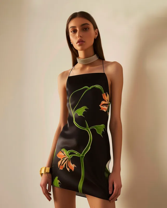 Floral Vines Satin Mini Dress - Multicolor Black sold by JW PEI