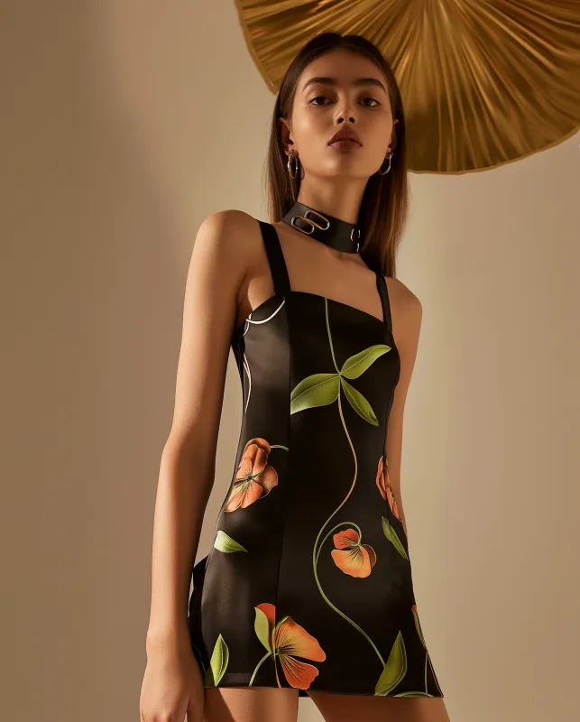 Floral Fusion Satin Dress - Black/Green sold by JW PEI