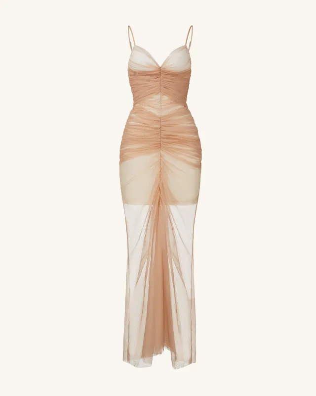 Piper Draped Mesh Evening Gown - Cinnamon sold by JW PEI