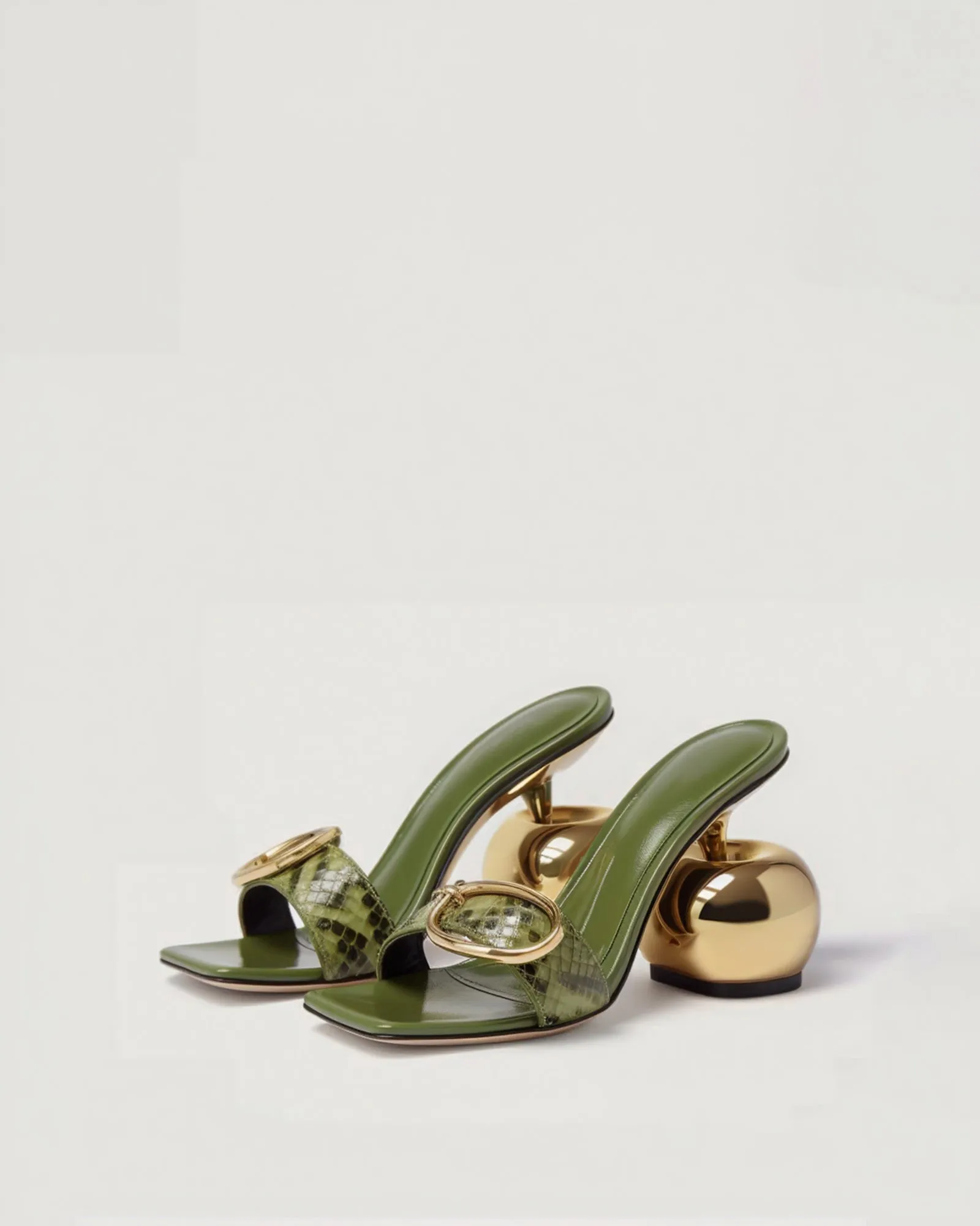 Faith Luxe Gold Heel Mules - Olive Green sold by JW PEI