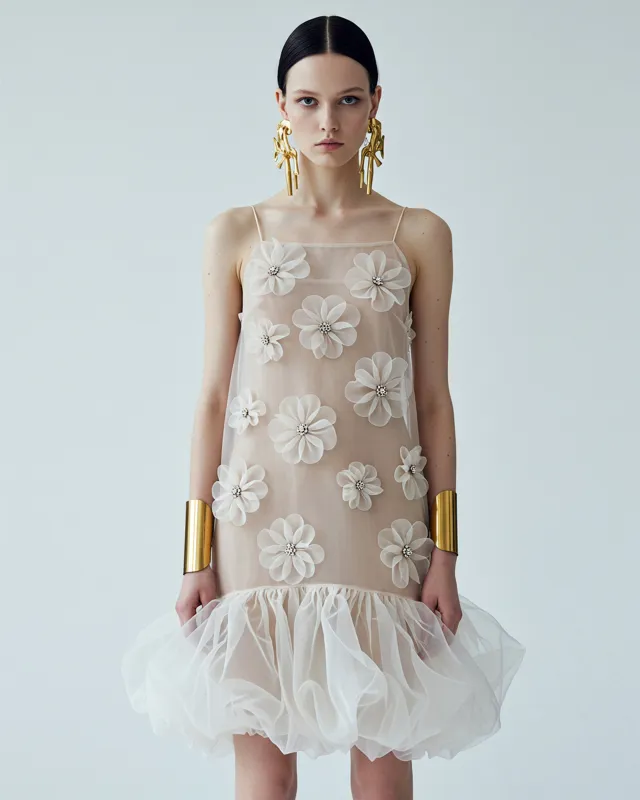 Floral Appliqué Tulle Mini Dress - Beige sold by JW PEI
