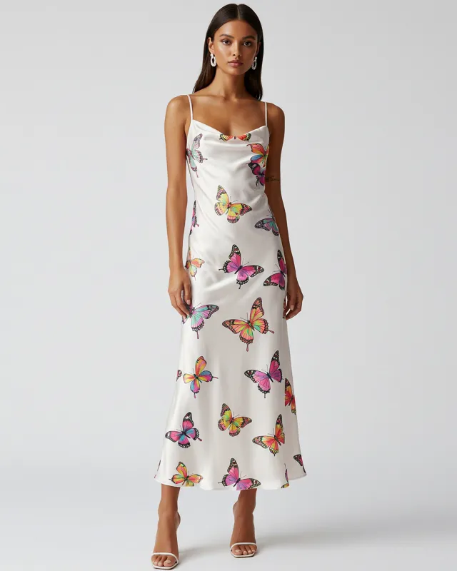 Butterfly Print Satin Dress - White sold by JW PEI