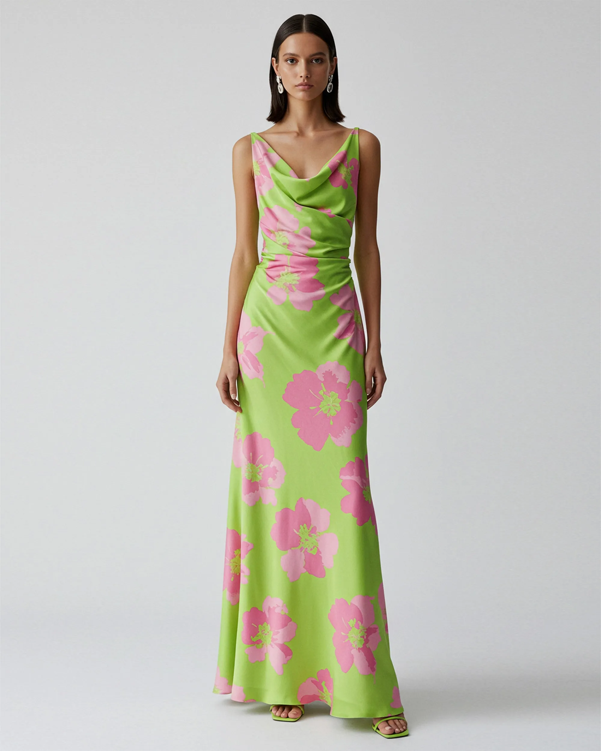 Floral Print Satin Dress - Lime Green/Pink sold by JW PEI
