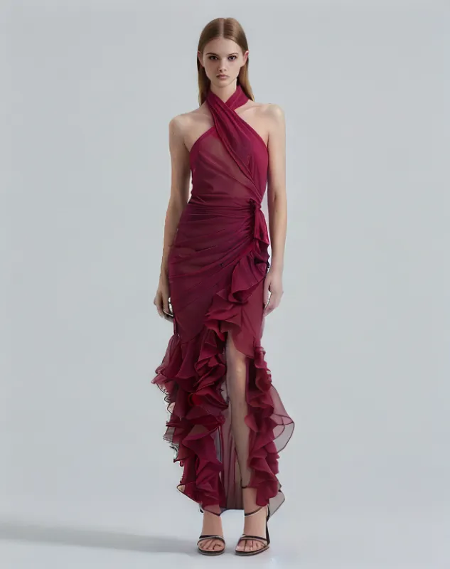 Ruffled Halter Gown - Burgundy sold by JW PEI
