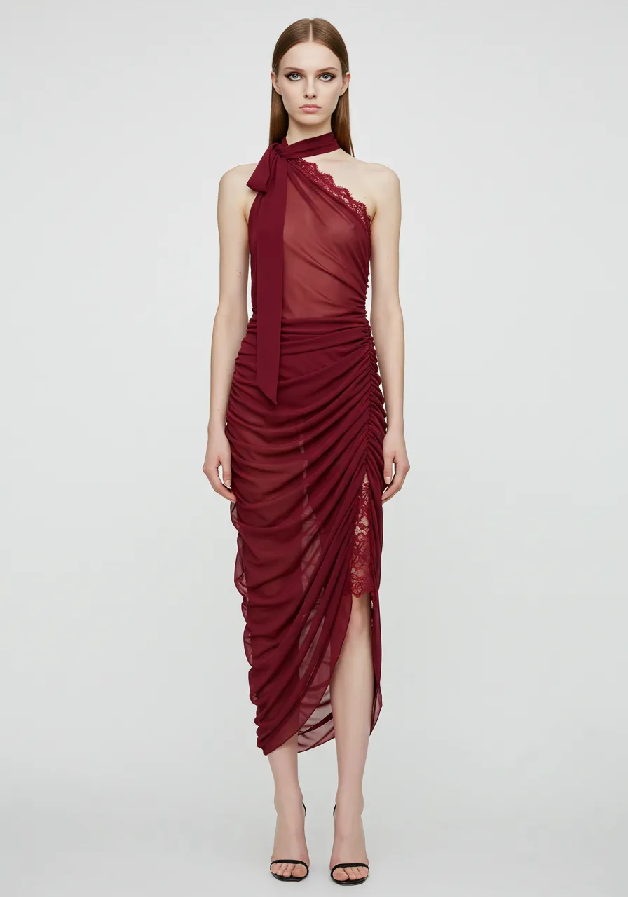 Asymmetrical Ruched Dress - Burgundy sold by JW PEI