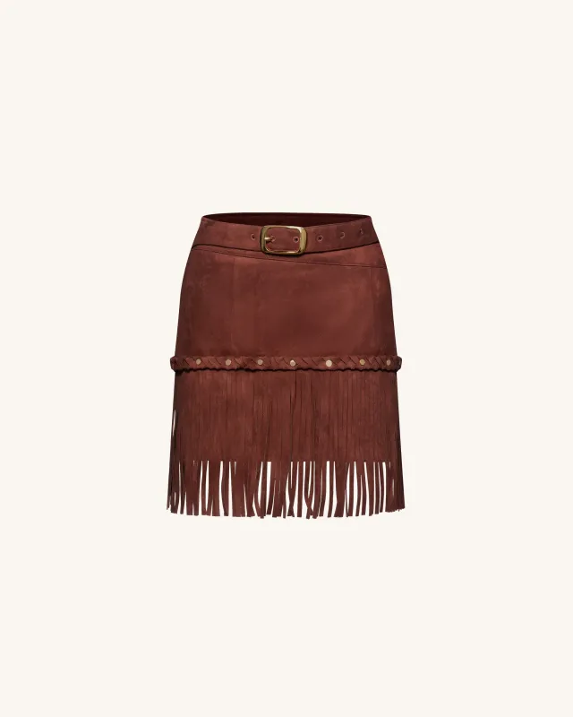 Western-Style Sueded Fringe Skirt - Burgundy sold by JW PEI