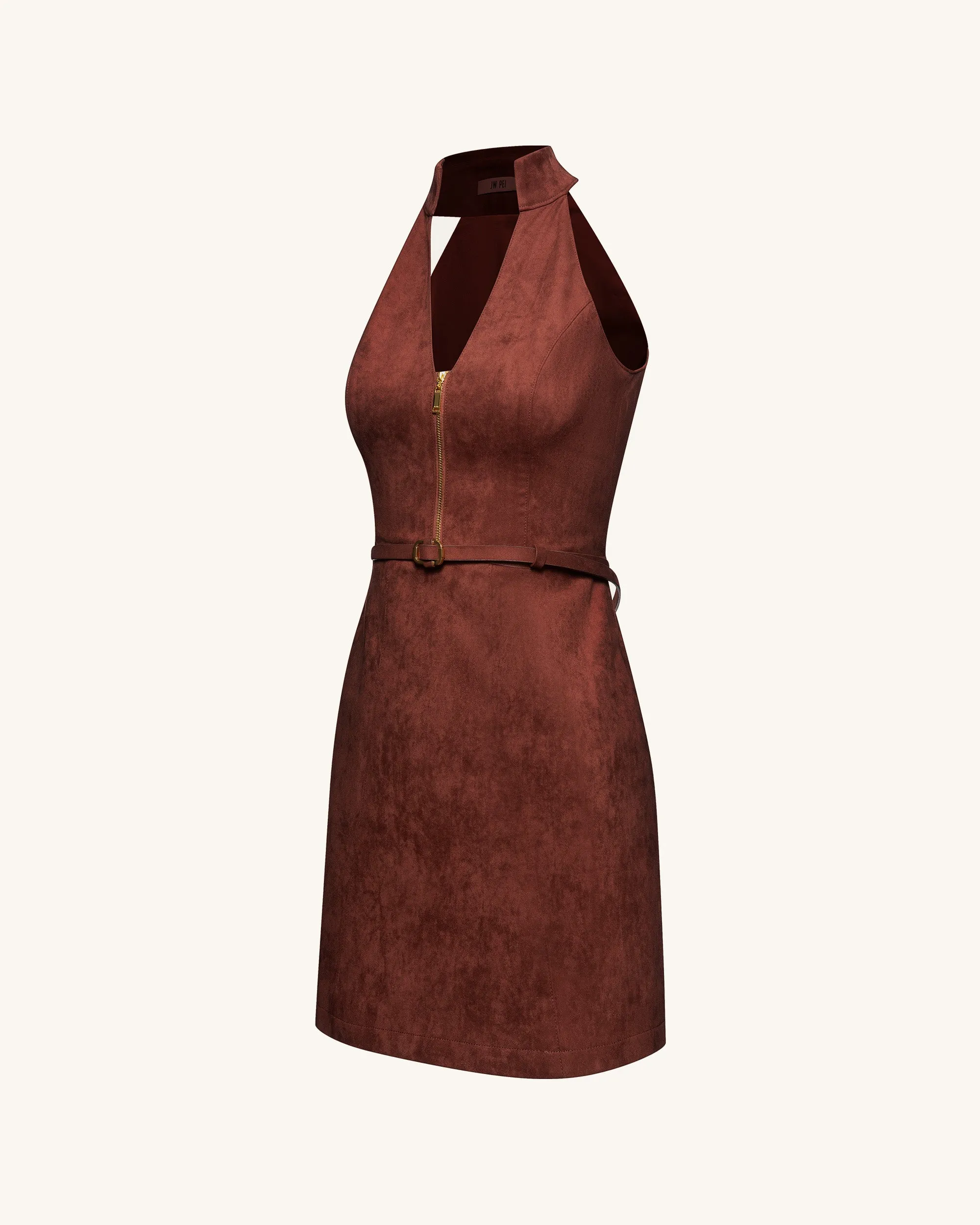 Faux Suede Halter Neck Zip-Front Mini Dress - Burgundy sold by JW PEI product image thumbnail 2