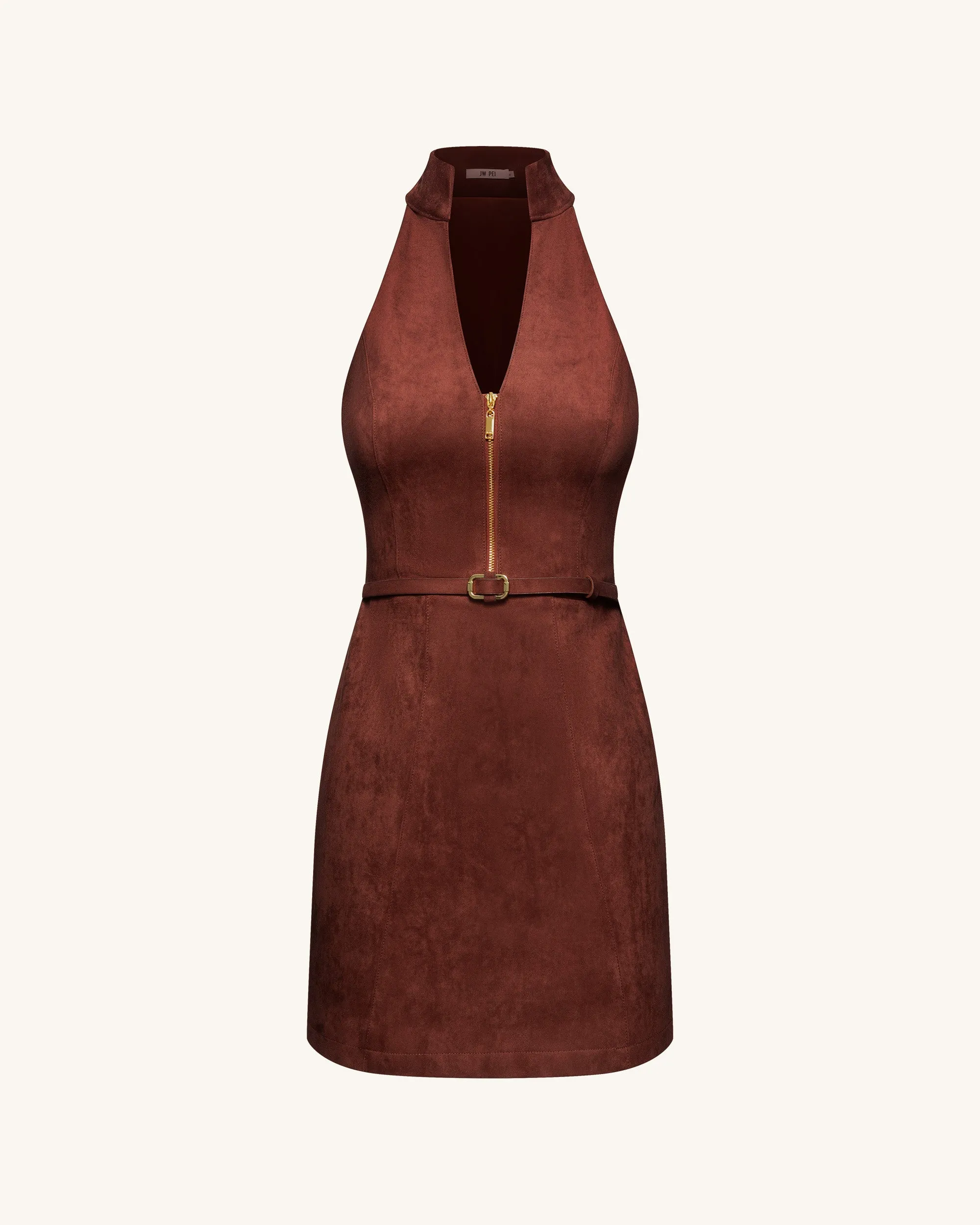 Faux Suede Halter Neck Zip-Front Mini Dress - Burgundy sold by JW PEI