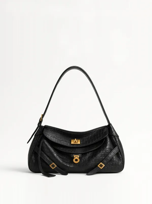 Amelia Croc-Embossed Shoulder Bag - Black sold by JW PEI
