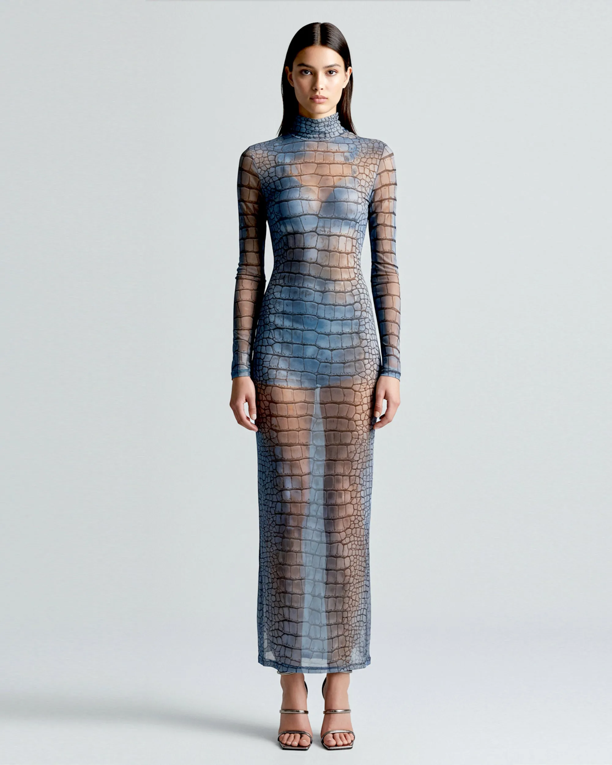 Sheer Crocodile Print Dress - Blue/Brown sold by JW PEI