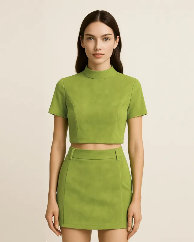 Grace Faux Suede Crop Top and Mini Skirt Set - Chartreuse Green sold by JW PEI