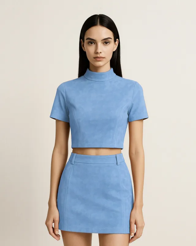 Grace Faux Suede Crop Top and Mini Skirt Set - Sky Blue sold by JW PEI