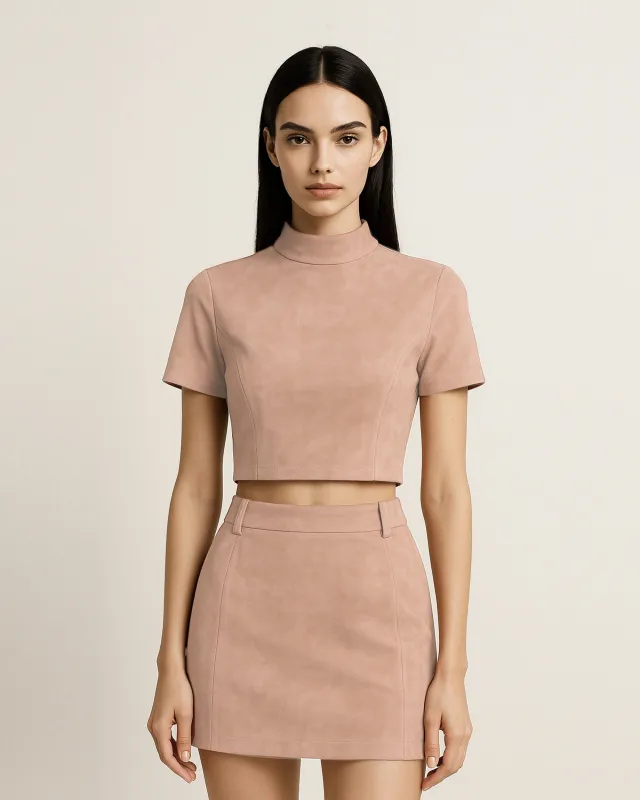 Grace Faux Suede Crop Top and Mini Skirt Set - Dusty Pink sold by JW PEI
