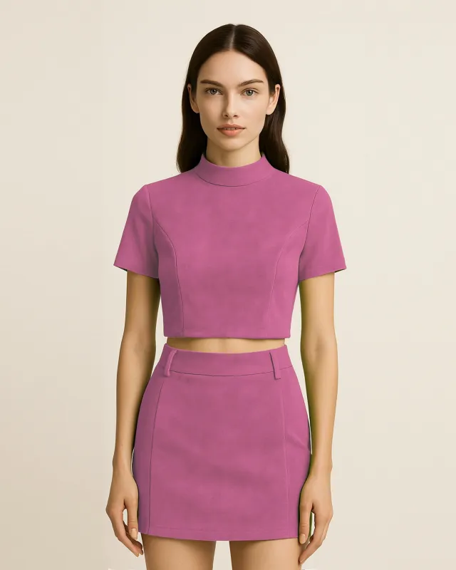 Grace Faux Suede Crop Top and Mini Skirt Set - Orchid Pink sold by JW PEI
