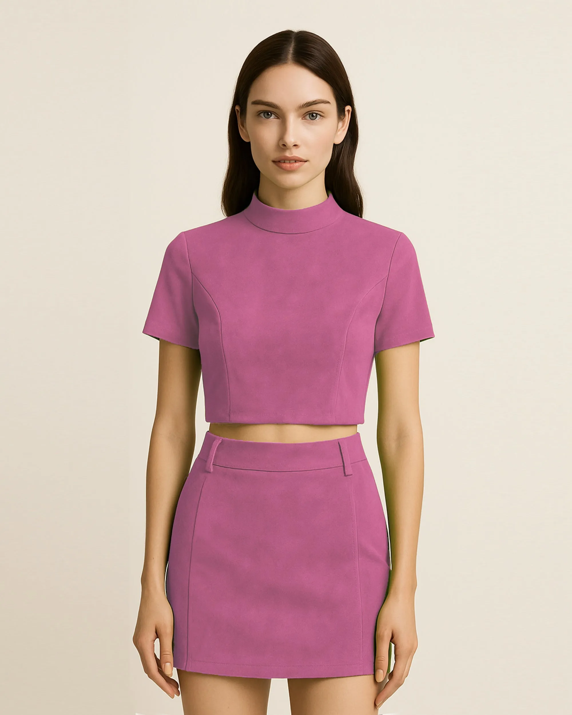 Grace Faux Suede Crop Top and Mini Skirt Set - Orchid Pink sold by JW PEI
