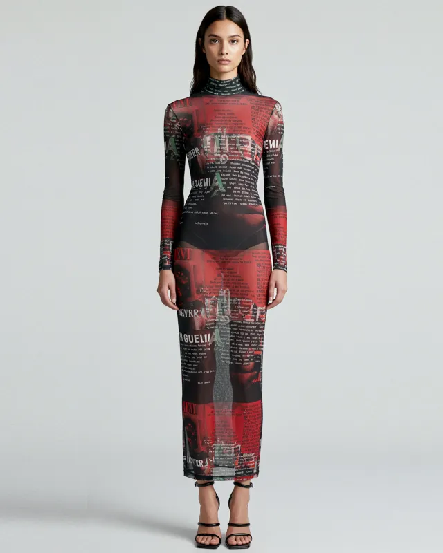 Newspaper Print Mesh Maxi Dress - Multicolor sold by JW PEI