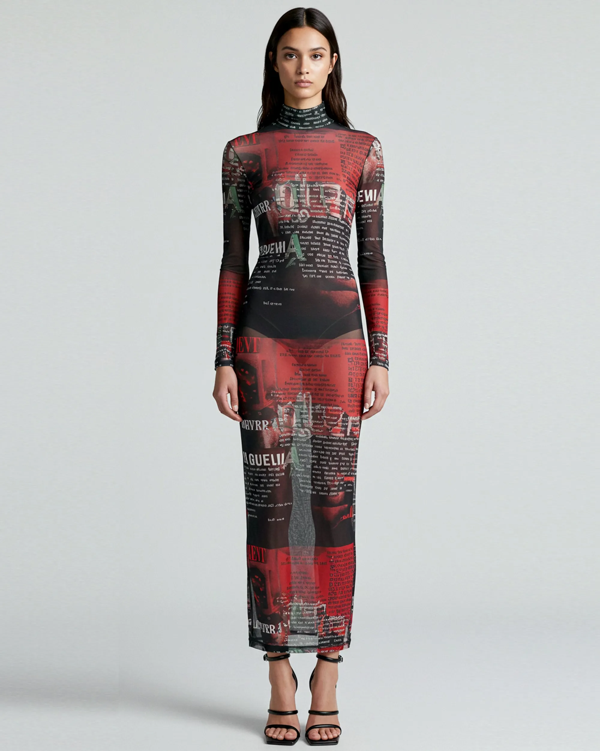 Newspaper Print Mesh Maxi Dress - Multicolor sold by JW PEI