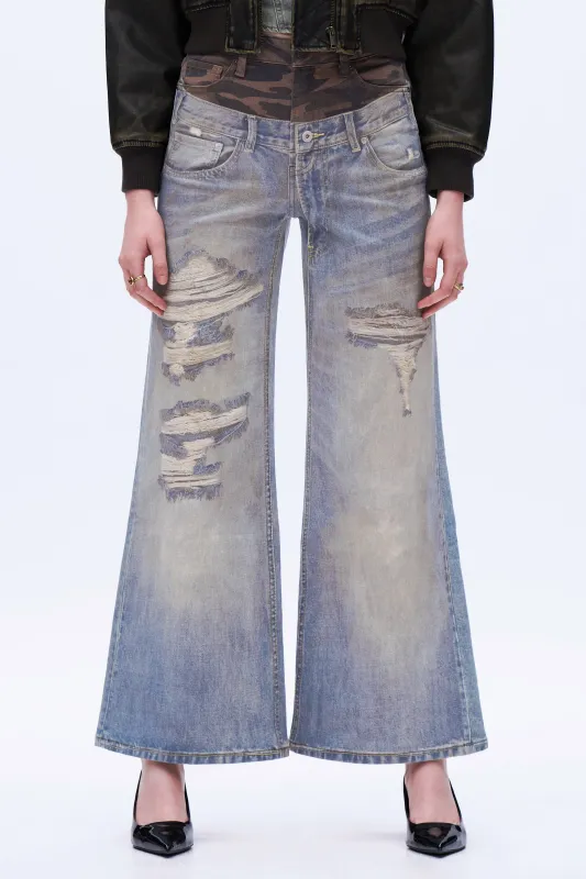 Ripped Wide-Leg Jeans with Camo Belt - Light Blue sold by JW PEI