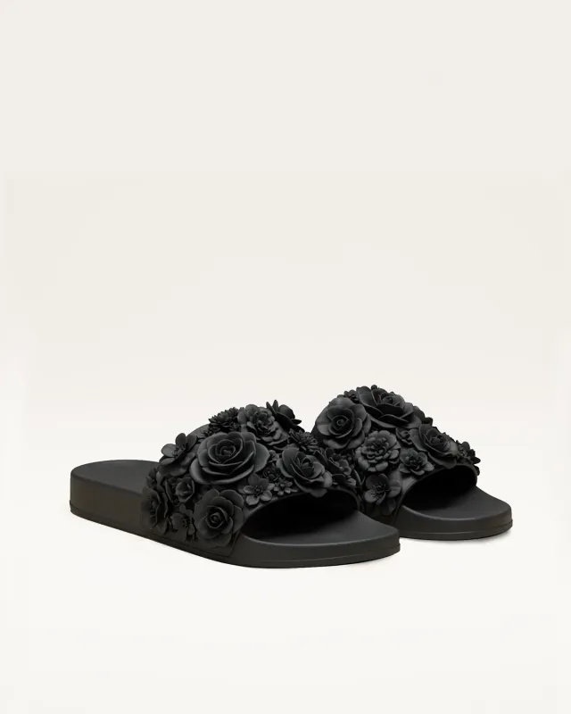 Skylar Floral Embellished Slides - Black sold by JW PEI