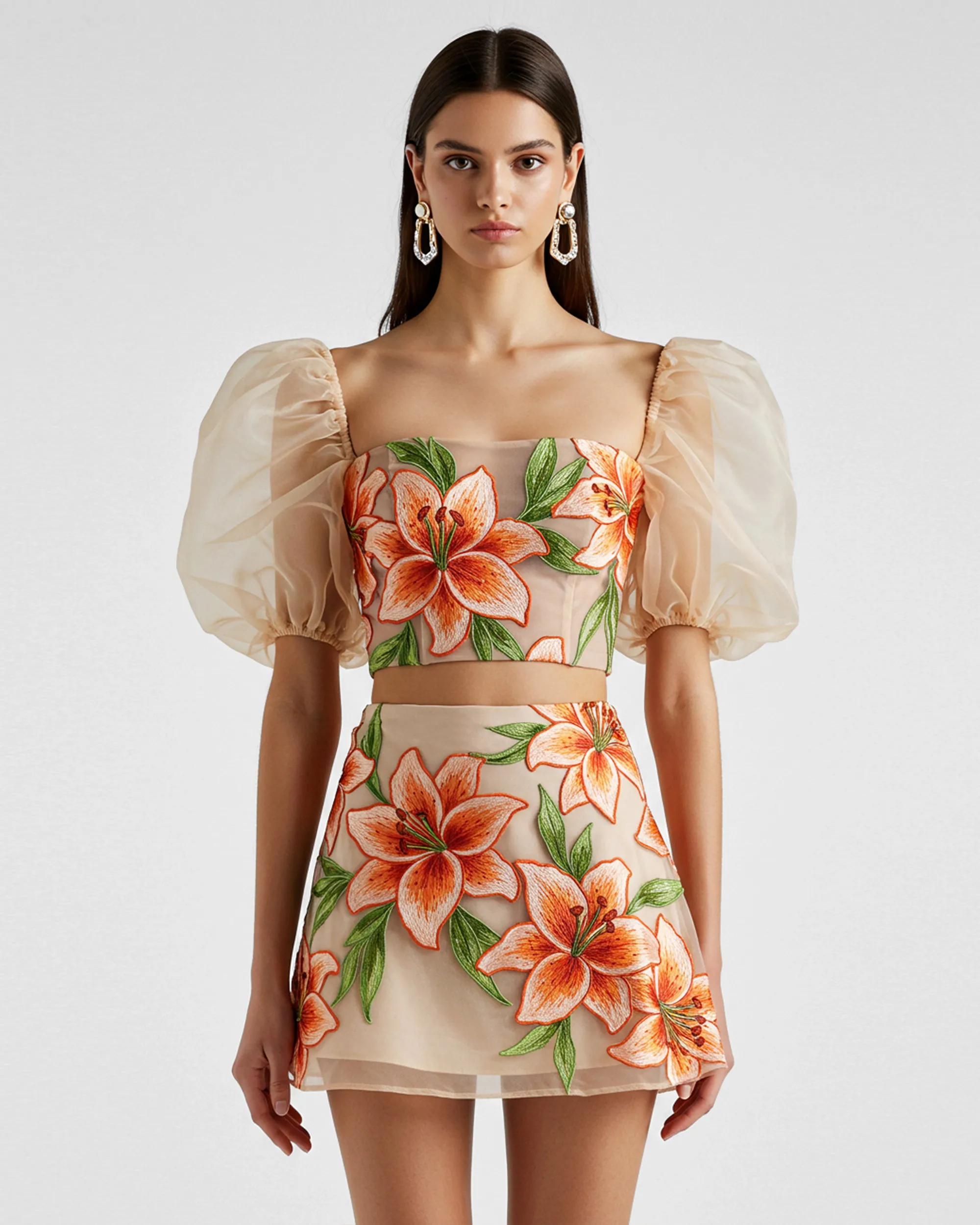 Floral Puff Sleeve Two Pieces Set - Beige/Orange/Green sold by JW PEI