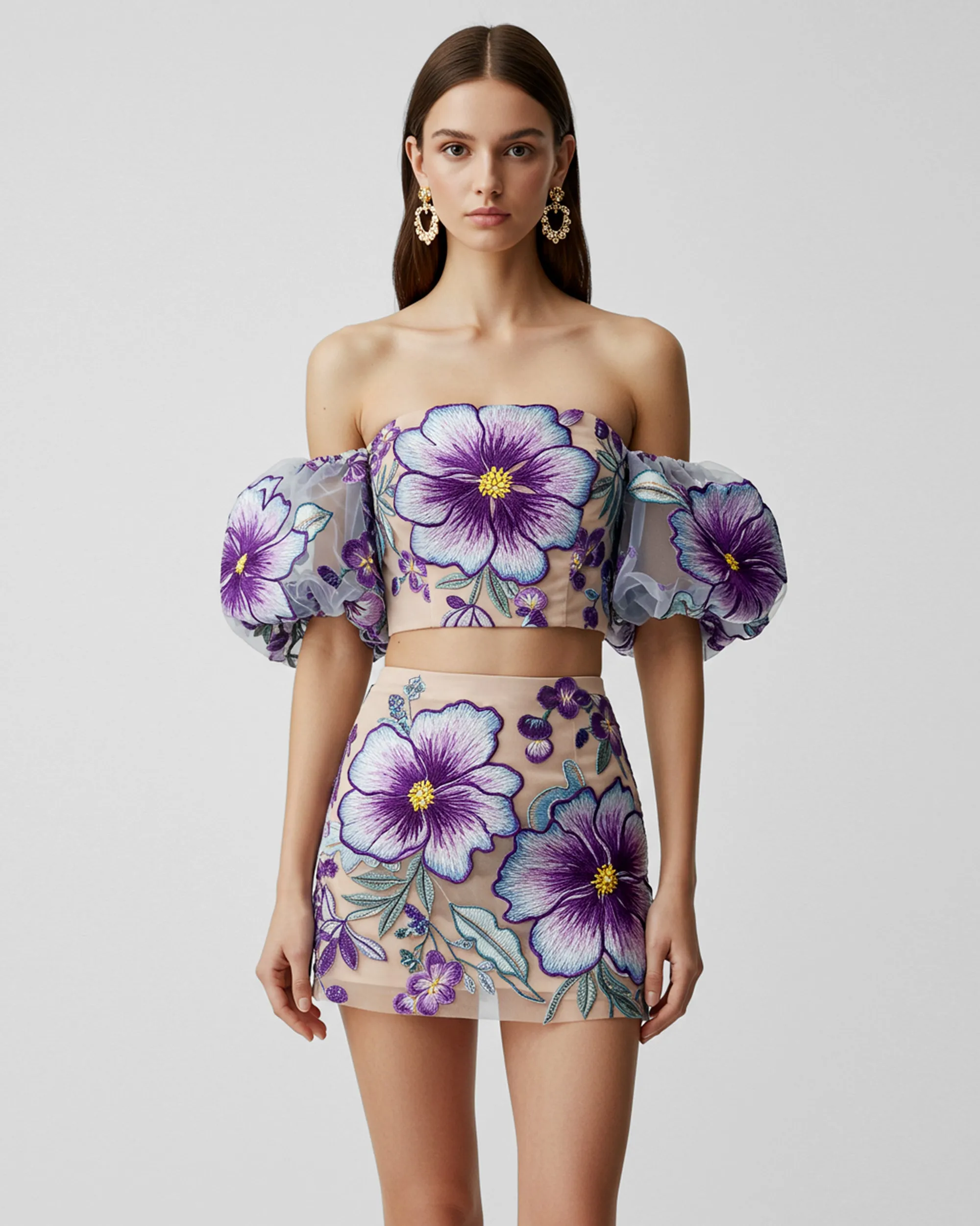 Floral Puff Sleeve Two Pieces Set - Purple/Blue sold by JW PEI