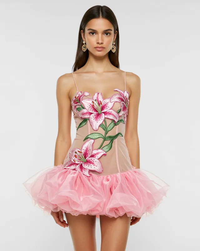 Floral Sling Ballon Hem Mini Dress - Pink sold by JW PEI