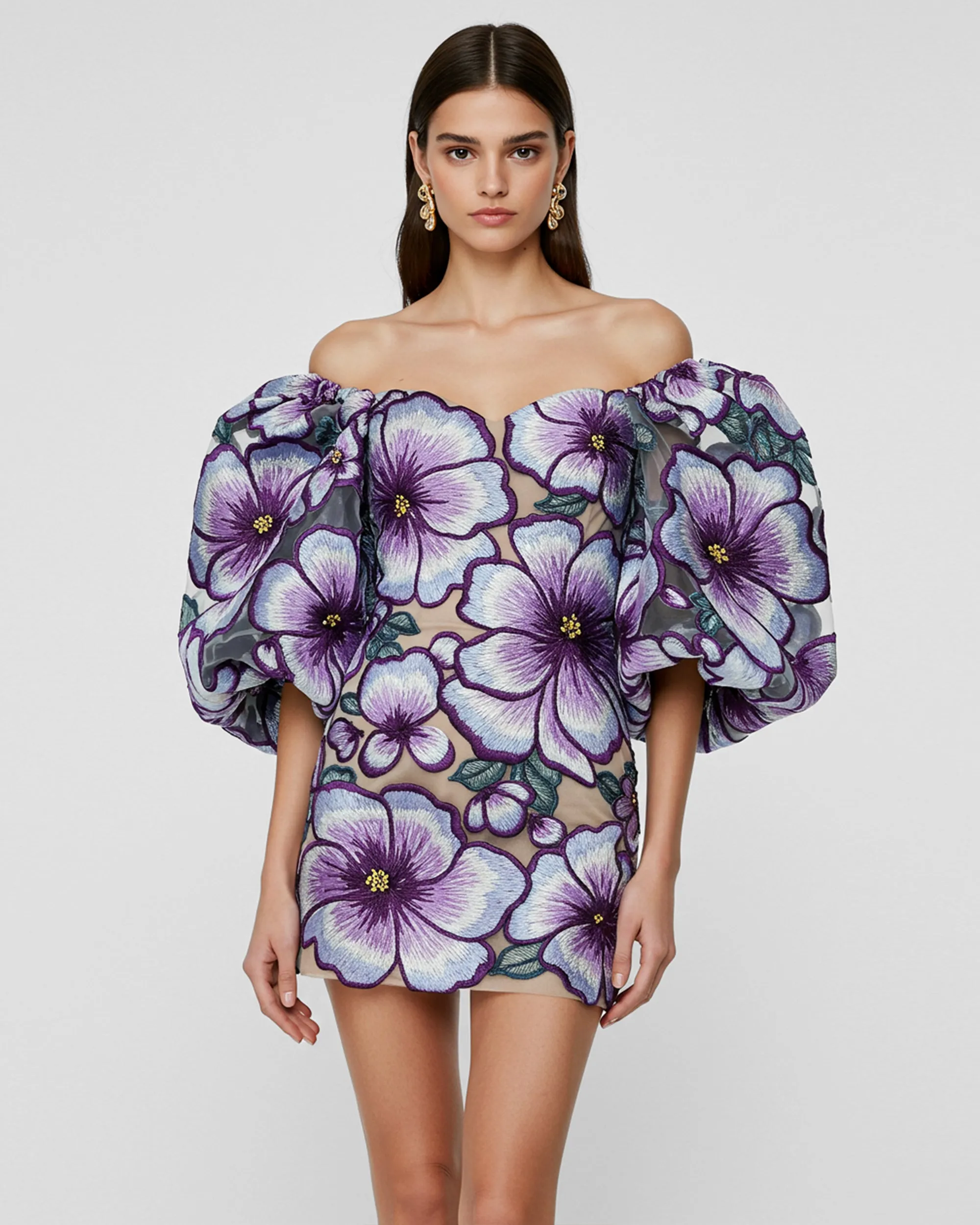 Floral Puff Sleeve Mini Dress - Purple sold by JW PEI