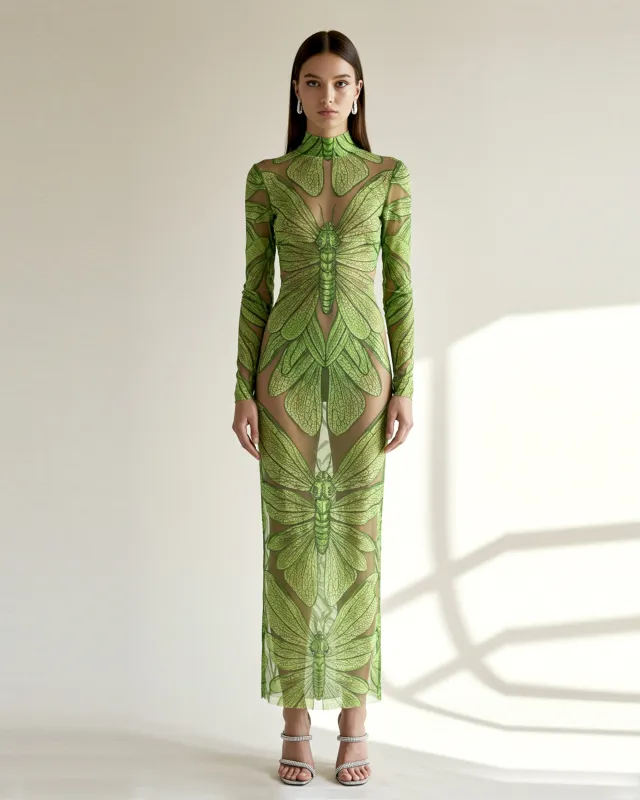 Emerald Dragonfly Sheer Mesh Gown - Green sold by JW PEI