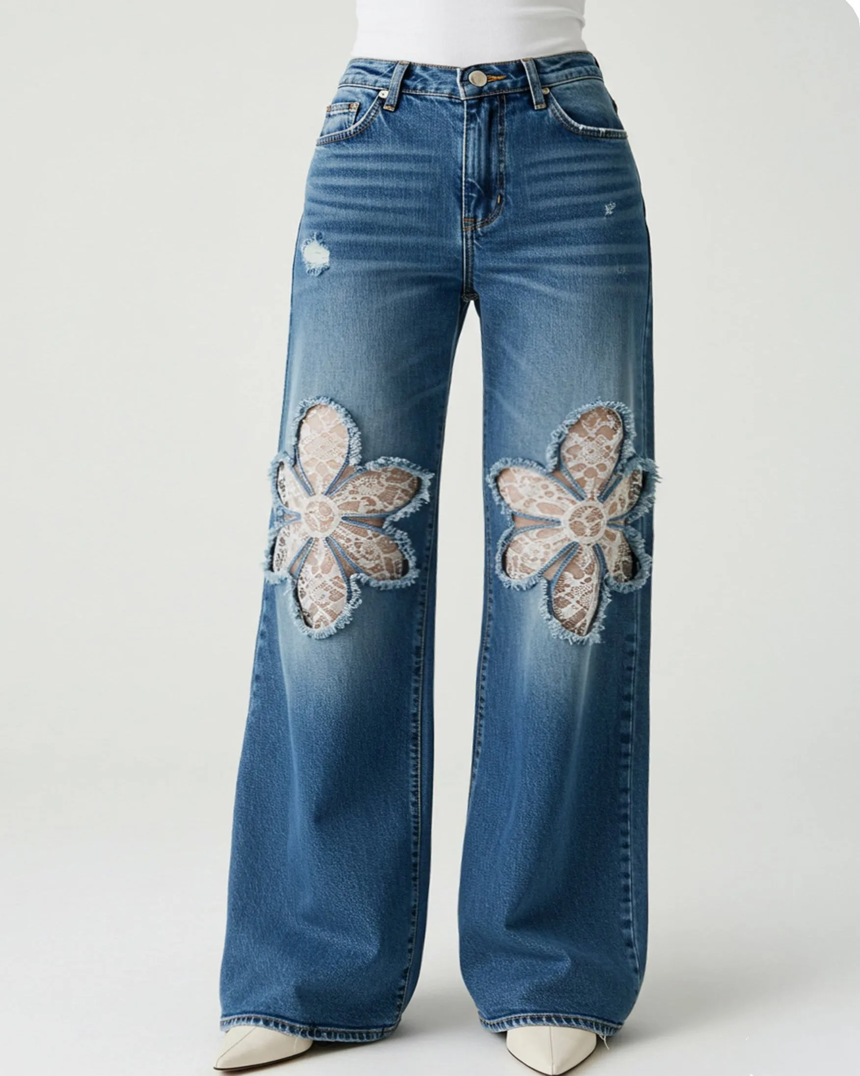 Floral Patchwork Denim Jeans - Blue sold by JW PEI