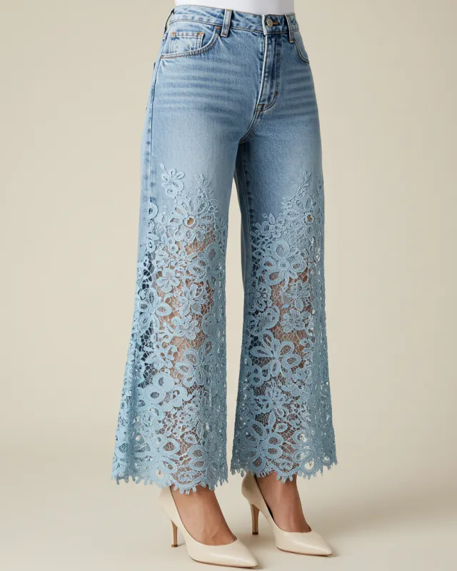 Lace-Panel Flared Jeans - Blue sold by JW PEI