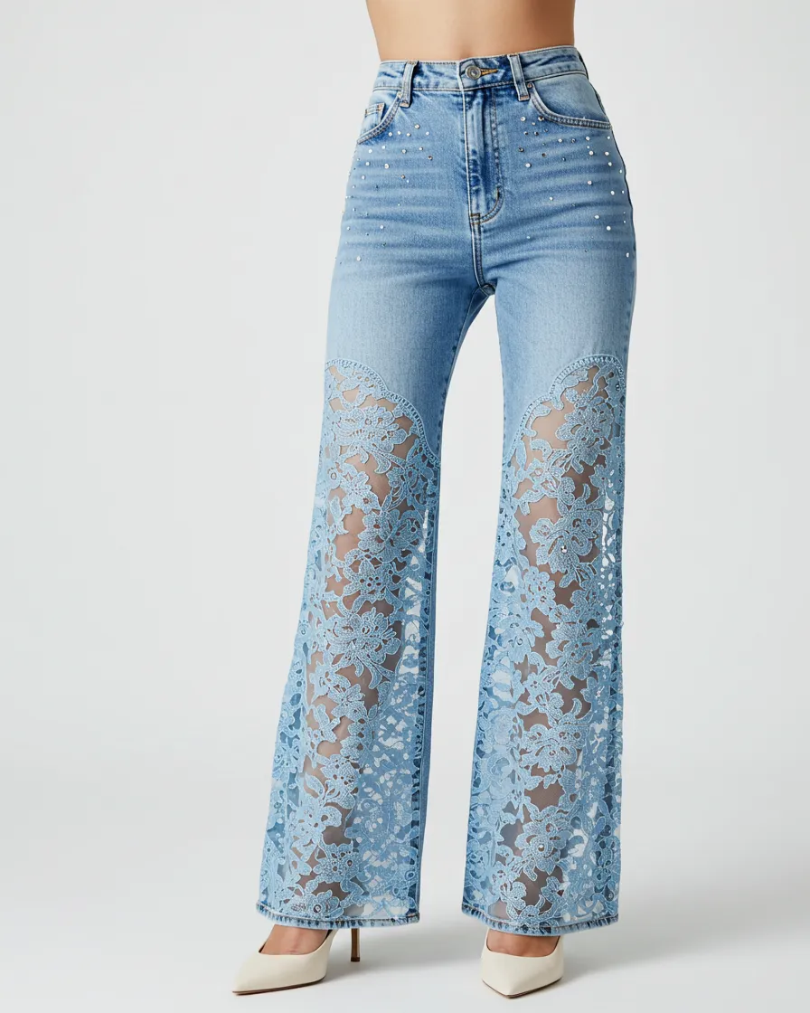 Pearl-Embellished Lace-Panel Jeans - Light Blue sold by JW PEI