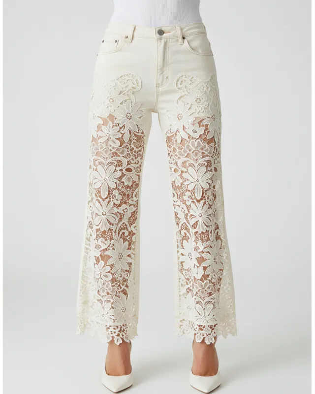 Lace-Panel Wide-Leg Jeans - Ivory sold by JW PEI
