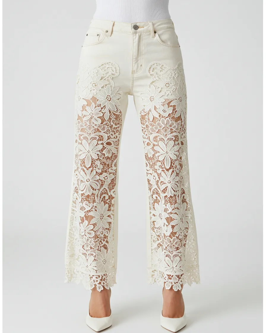 Lace-Panel Wide-Leg Jeans - Ivory sold by JW PEI