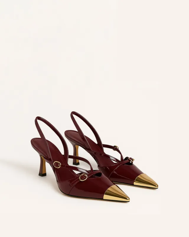 Ellie Gold Cap Toe Slingback Heels - Burgundy sold by JW PEI