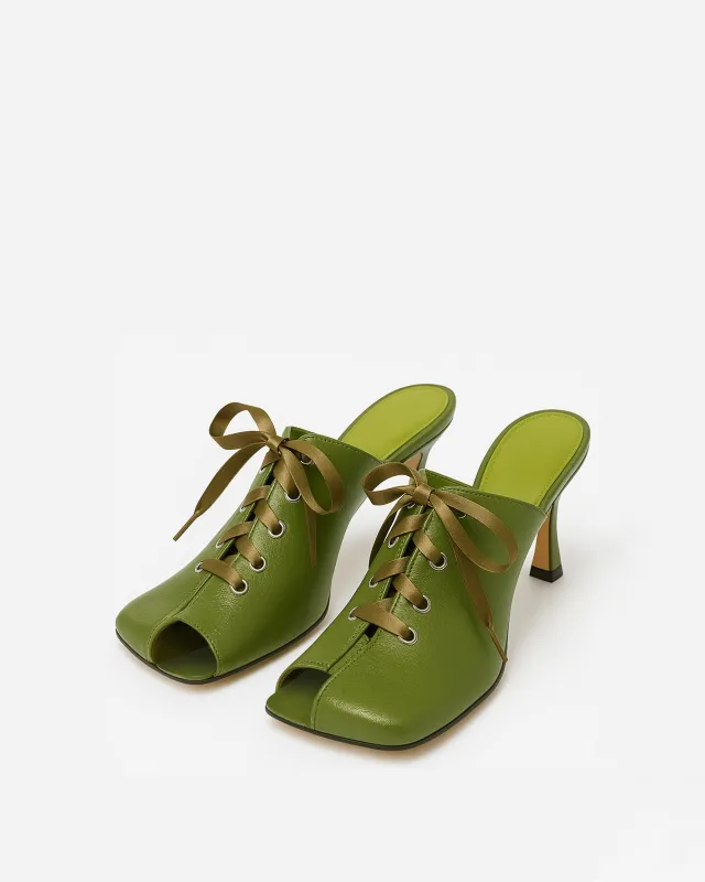 Bella Lace-Up Heeled Mules - Green sold by JW PEI