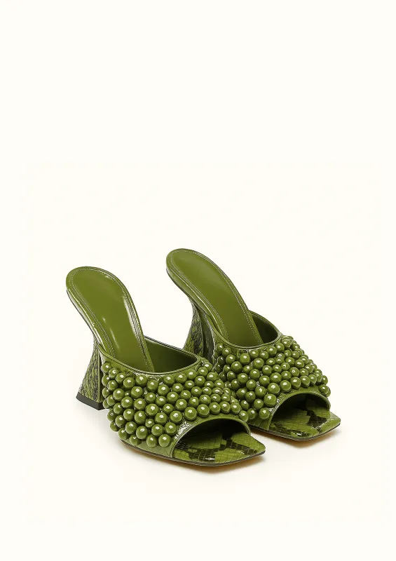 Clarisse Pearl Embellished Heeled Mules - Green sold by JW PEI