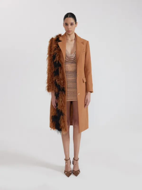 Feather Trim Wool Coat - Brown sold by JW PEI
