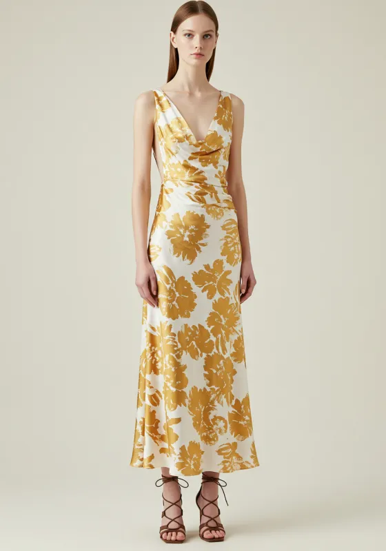 Floral Print V-neck Maxi Dress - White/Gold sold by JW PEI