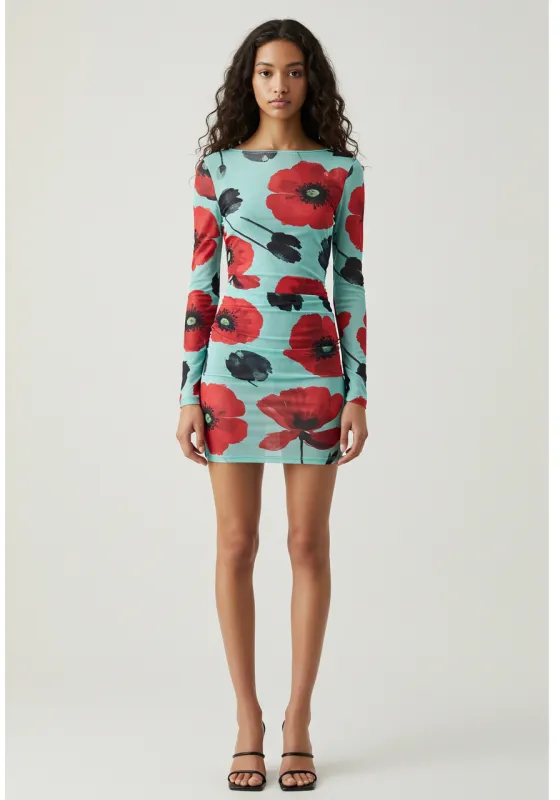 Floral Print Long Sleeve Mini Dress - Mint/Red sold by JW PEI