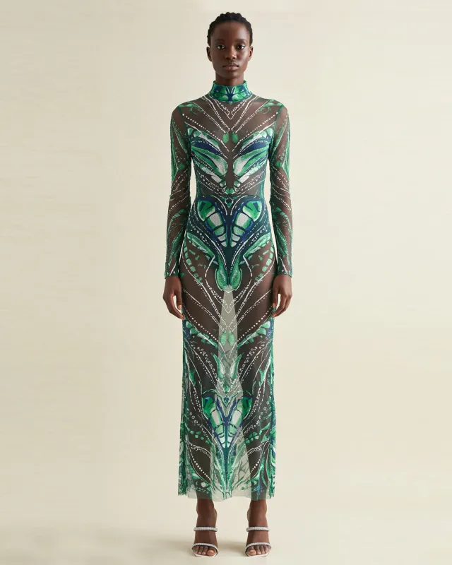 Sheer Maxi Mesh Dress with Green Butterfly Pattern - Green/Blue sold by JW PEI