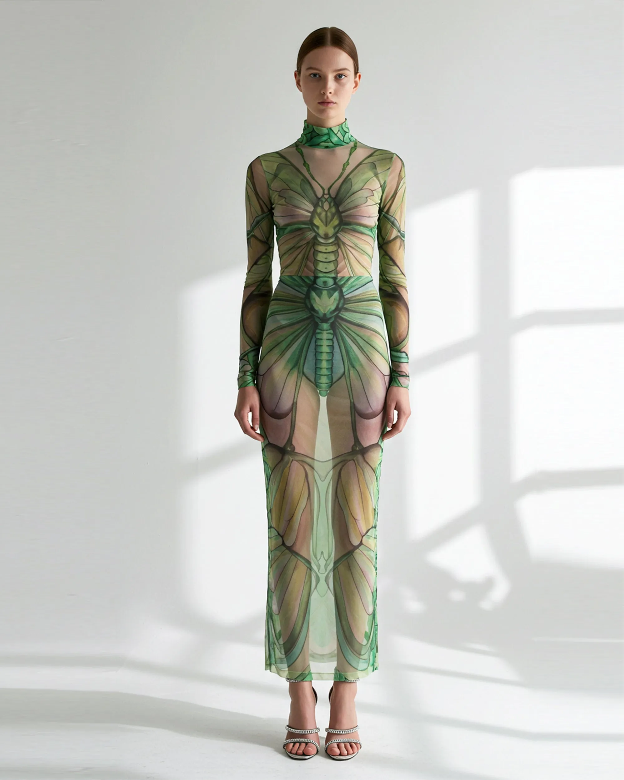 Sheer Maxi Mesh Dress with Moth Wings - Green/Beige sold by JW PEI